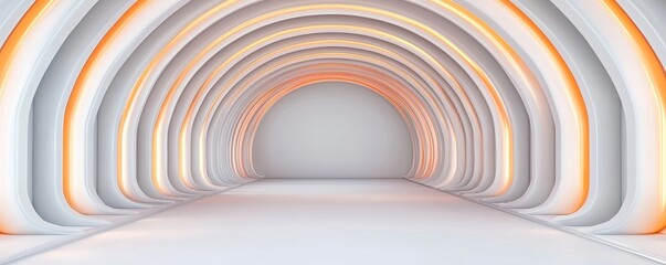 Obraz premium A modern, illuminated archway design featuring smooth curves and soft orange lighting in a minimalist, spacious environment.
