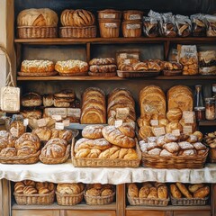 Rustic Artisan Bakery Display with Assorted Freshly Baked Bread and Pastries on Wooden Shelves