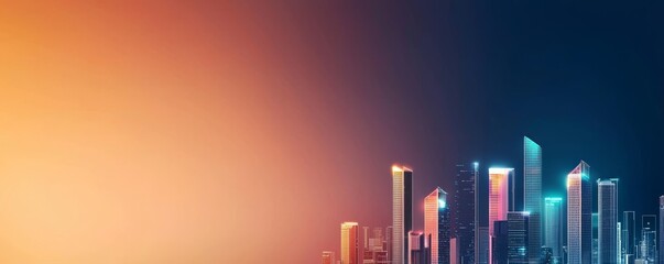 Fototapeta premium A vibrant skyline at dusk, showcasing illuminated skyscrapers against a gradient sky, blending warm and cool tones.