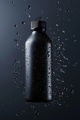 A sleek water bottle mid-air, with water droplets and condensation glowing under refreshing studio lighting