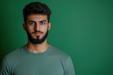 Obraz premium Serious young man with beard against green background.
