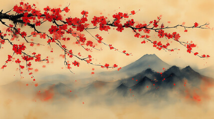 Traditional Japanese Art with Red Blossoms and Mountain View