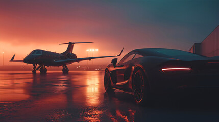 Luxury private jet and limousine, exclusive corporate travel, high class aviation lifestyle, executive airplane and car transport, wealthy VIP vacation elegance