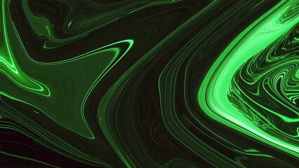 Abstract green neon light and black background. metallic or fluid abstract background.