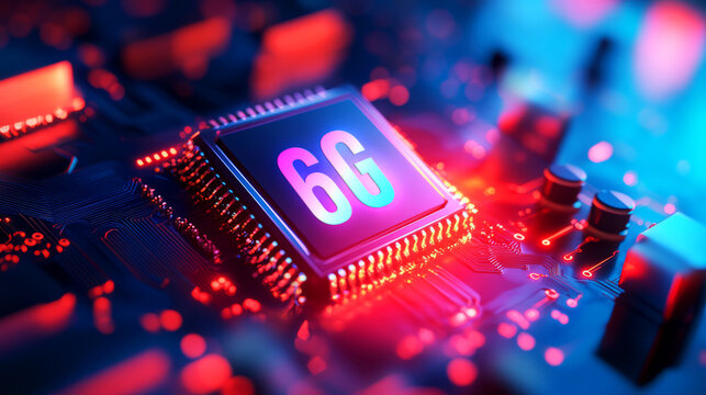 Modern Technology Concept with 6G Chip on Circuit Board Illuminated in Neon Colors