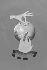 Vertical collage picture of human arm fingers hold miniature planet earth globe above bonfire flame...