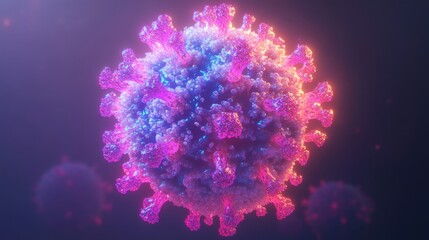 Close-up 3D Visualization of a Colorful Virus Structure Highlighting Its Distinctive Protein Spikes and Surface Features on a Soft Gradient Background