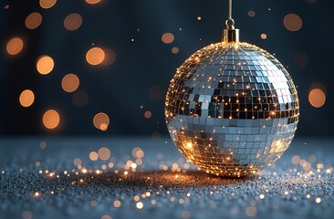 Empty snow globe, glass sphere. Golden lights inside. Bokeh, snow in the background. Atmospheric and festive