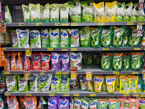 Various brands of liquid floor cleaner and liquid soap, sold at Indonesia, displayed on supermarket shelf, in October 7th 2023 on Semarang, Indonesia