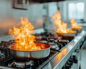 Fire alarm smoke trigger concept. Vibrant flames erupt from pans on a professional kitchen stove.