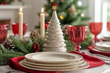 Christmas table setting with red napkins, white plates, and glassware, ceramic Christmas tree with candlestick, red and white color theme, cozy atmosphere, green plants, and festive decorations.