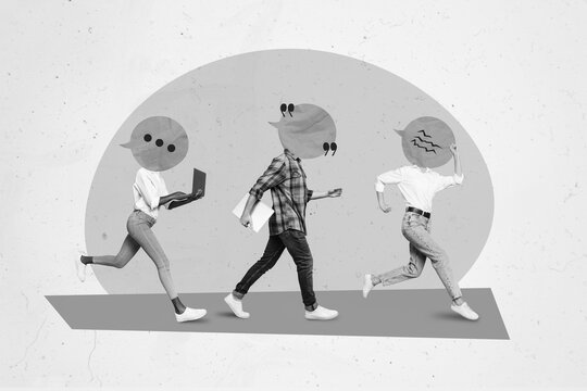 Creative photo 3d collage artwork poster of young people move business affair conference conversation isolated on painting background