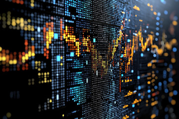 glowing visual of digital stock ticker displaying fluctuating market data, showcasing vibrant colors and intricate patterns. dynamic representation evokes sense of financial activity and market