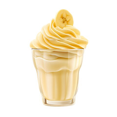 Fresh banana yogurt parfait with whipped cream, healthy organic dessert and breakfast snack, delicious vegetarian dish with oat and dairy ingredients in a glass jar