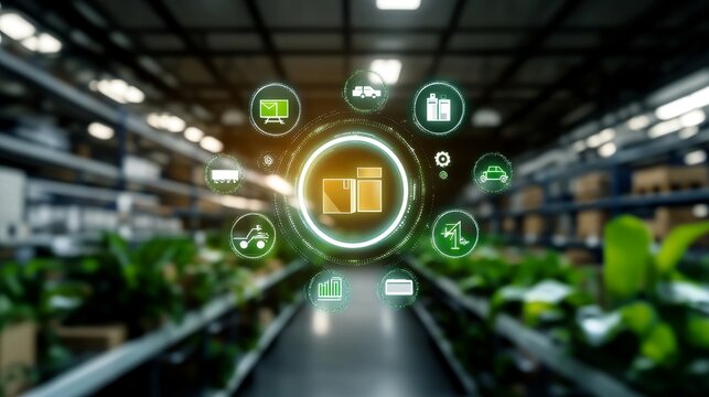A holographic pie chart displayed in a futuristic logistics center, with glowing transport icons for each segment and a neon product box icon at the center, 