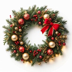 A vibrant Christmas wreath adorned with red and gold ornaments, holly berries, and an elegant bow. The lush green pine branches and soft lighting create a cozy festive ambiance.