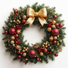 A vibrant Christmas wreath adorned with red and gold ornaments, holly berries, and an elegant bow. The lush green pine branches and soft lighting create a cozy festive ambiance.
