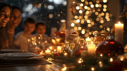 Obraz premium A festive holiday gathering with a beautifully set table and decorations.