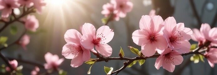 Naklejka premium A delicate pink blossom unfurls its petals to greet the warm sunlight, pink blossoms, sunshine, spring morning