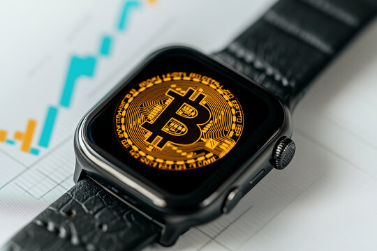 close up of smartwatch displaying glowing Bitcoin symbol, symbolizing cryptocurrency trends and technology. background features financial graphs, enhancing tech savvy vibe