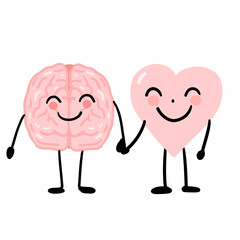 pink heart character action heart and brain holding hands together  on transparency background