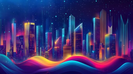 Vibrant Neon Cityscape at Night Illuminated Skyscrapers