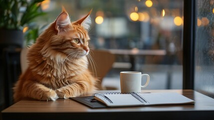Portrait Ginger Maine Coon cat sitting in a coffee shop.