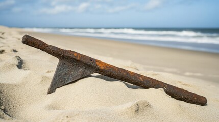 Ancient harpoon resting on sandy beach, partially buried with weathered wooden handle and rusted metal tip, evoking historical maritime heritage and archaeological significance.