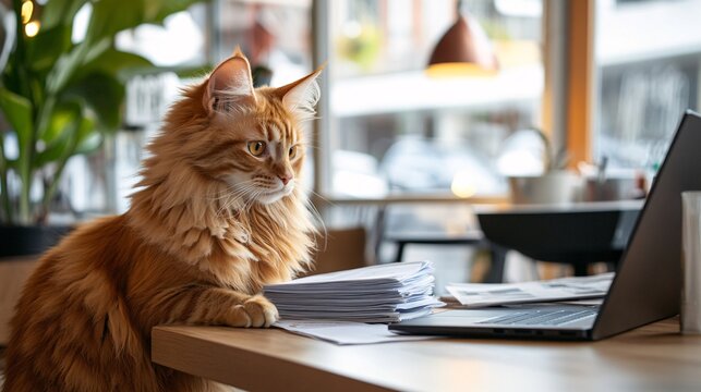 Ginger the Maine Coon cat is curiously examining the task force.