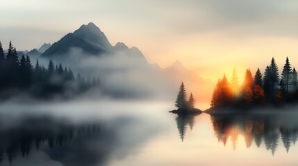 Fototapeta premium Misty lake at dawn, the water perfectly still and reflecting the surrounding towering cliffs and forests, with a soft fog hovering above the surface, creating an air of mystery and tranquility. 