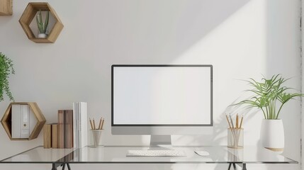 A minimalist workspace with a blank computer screen. glass desk. and potted plants