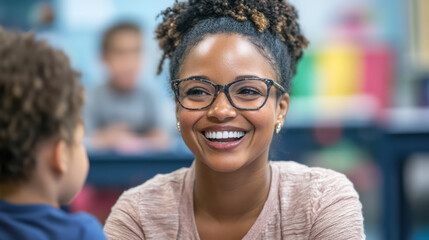 Smiling teacher engaging with child in classroom setting