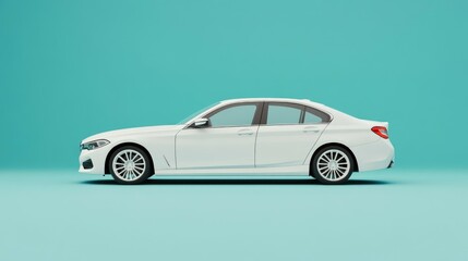 Fototapeta premium White sedan profile view on blue background.