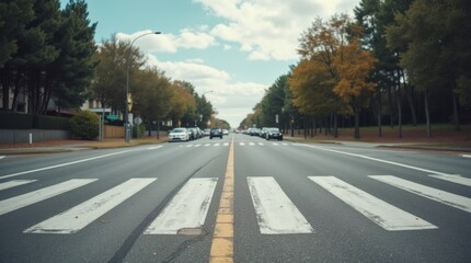 Frontal view of a road with pedestrian crosswalk