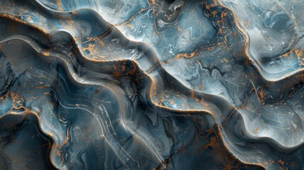 Obraz premium A detailed abstract blue marble pattern with rippling textures, soft curves, and subtle metallic accents
