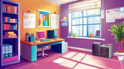 A colorful office space featuring a desk, bookshelves, and plants.