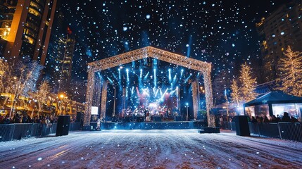 Vibrant Winter Night Concert with Snowfall and Colorful Lights in Urban Setting Featuring a Stage Surrounded by Festive Decorations and Trees