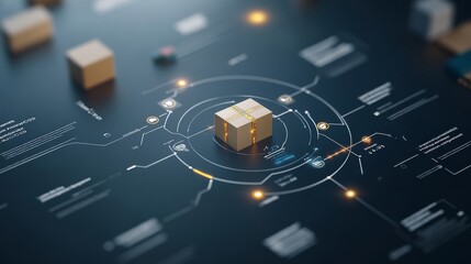 A logistics-themed infographic showing a pie chart with proportional transport sectors, featuring a glowing product box icon in the center, Modern design, Bright tones, Clear visuals 