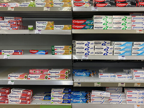 Various toothpaste brands and products  in supermarket shelf, in November 11th 2023 on Semarang, Indonesia
