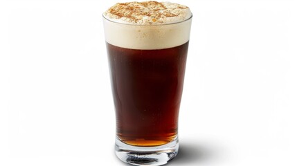 A frothy pint of beer in a clear glass, isolated on white background