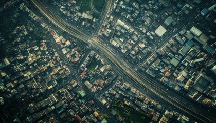 Aerial view of a densely populated urban area with roads intersecting.