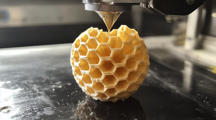 Drukarka 3D w trakcie precyzyjnego wytwarzania kuli o geometrycznej strukturze przypominającej plaster miodu.