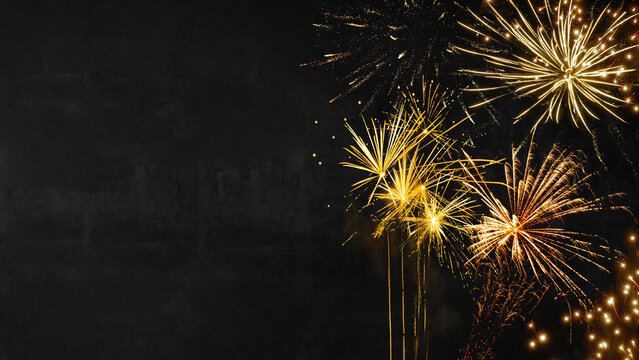 Silvester 2025 Happy New Year, New Year's Eve Party background banner panorama long greeting card - Golden firework fireworks on dark black night sky texture