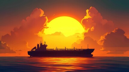 Fototapeta premium Silhouette of a ship, a testament to human endeavor against the backdrop of a vibrant sunset.