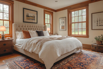 Serene Bedroom with Neutral Decor and Wooden Accents