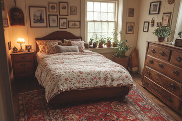 Cozy Vintage Bedroom with Floral Bedding and Antique Furniture