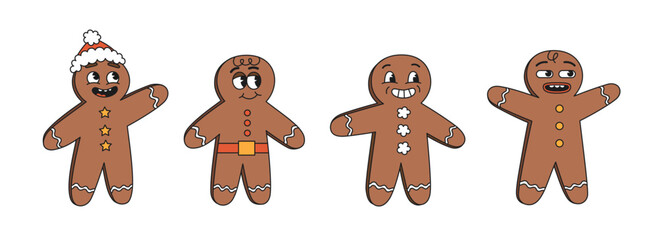 Groovy Christmas gingerbreads. Set of funny vector retro cartoon characters