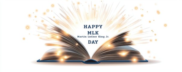 Martin Luther King Day concept. Book with sparkles celebrating MLK Day