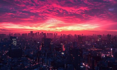Fototapeta premium A vibrant sunset over a bustling city skyline, casting a dramatic glow.