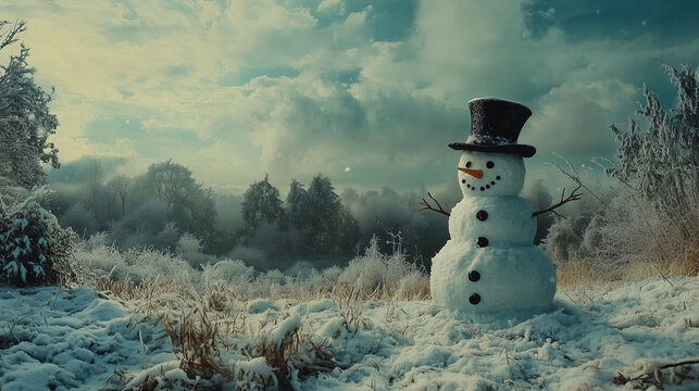 Bałwan z eleganckim kapeluszem zdobi zaśnieżoną scenerię, wśr&oacute;d drzew i pod szarym, zimowym niebem.